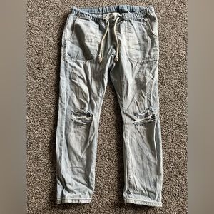 Drawstring distressed light wash jeans